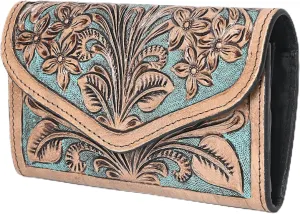 Handmade Cowhide Western Leather Wallet for Women | RFID Blocking Wristlet Clutch | Hand-Tooled Floral Carved Bifold Wallet & Credit Card Holder