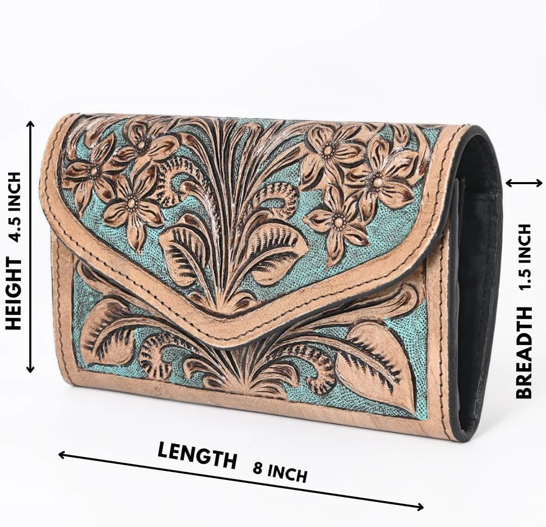 Handmade Cowhide Western Leather Wallet for Women | RFID Blocking Wristlet Clutch | Hand-Tooled Floral Carved Bifold Wallet & Credit Card Holder