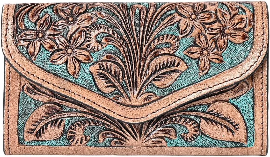 Handmade Cowhide Western Leather Wallet for Women | RFID Blocking Wristlet Clutch | Hand-Tooled Floral Carved Bifold Wallet & Credit Card Holder