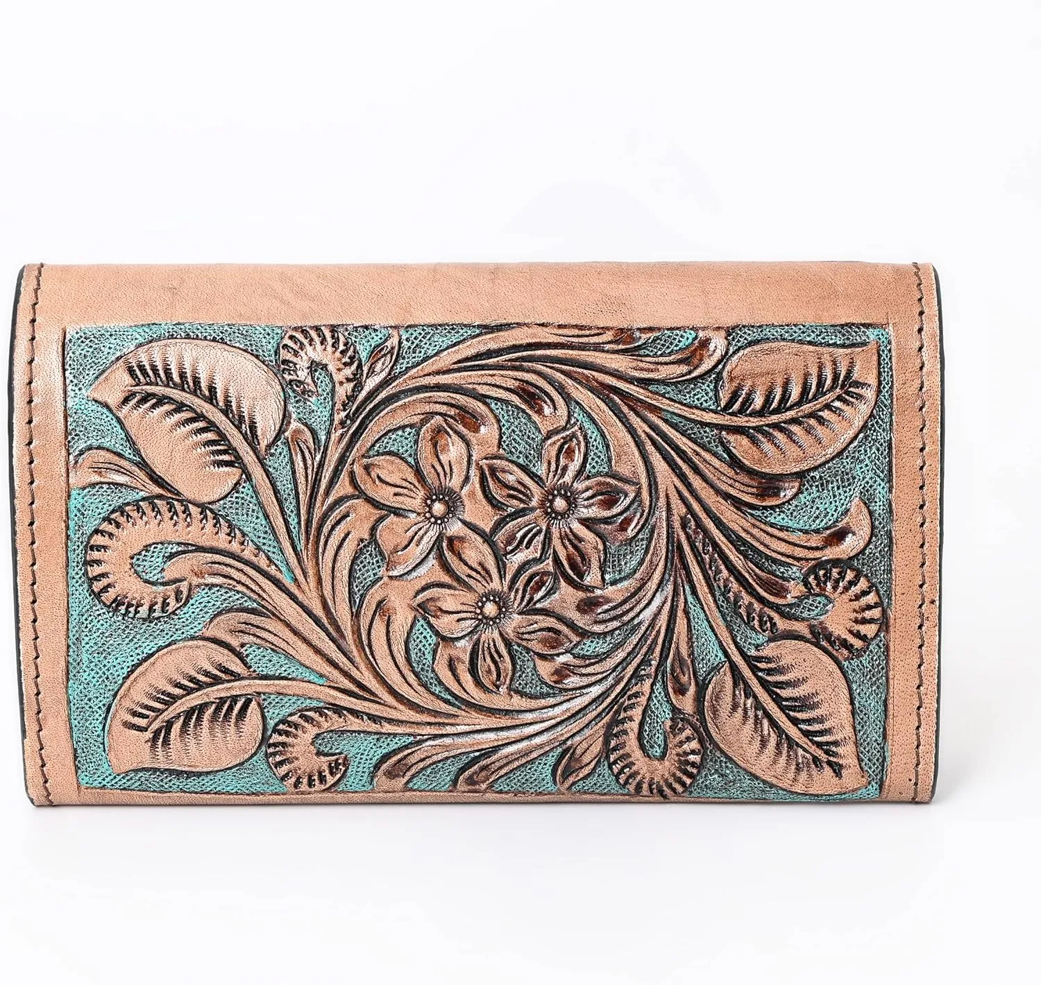 Handmade Cowhide Western Leather Wallet for Women | RFID Blocking Wristlet Clutch | Hand-Tooled Floral Carved Bifold Wallet & Credit Card Holder