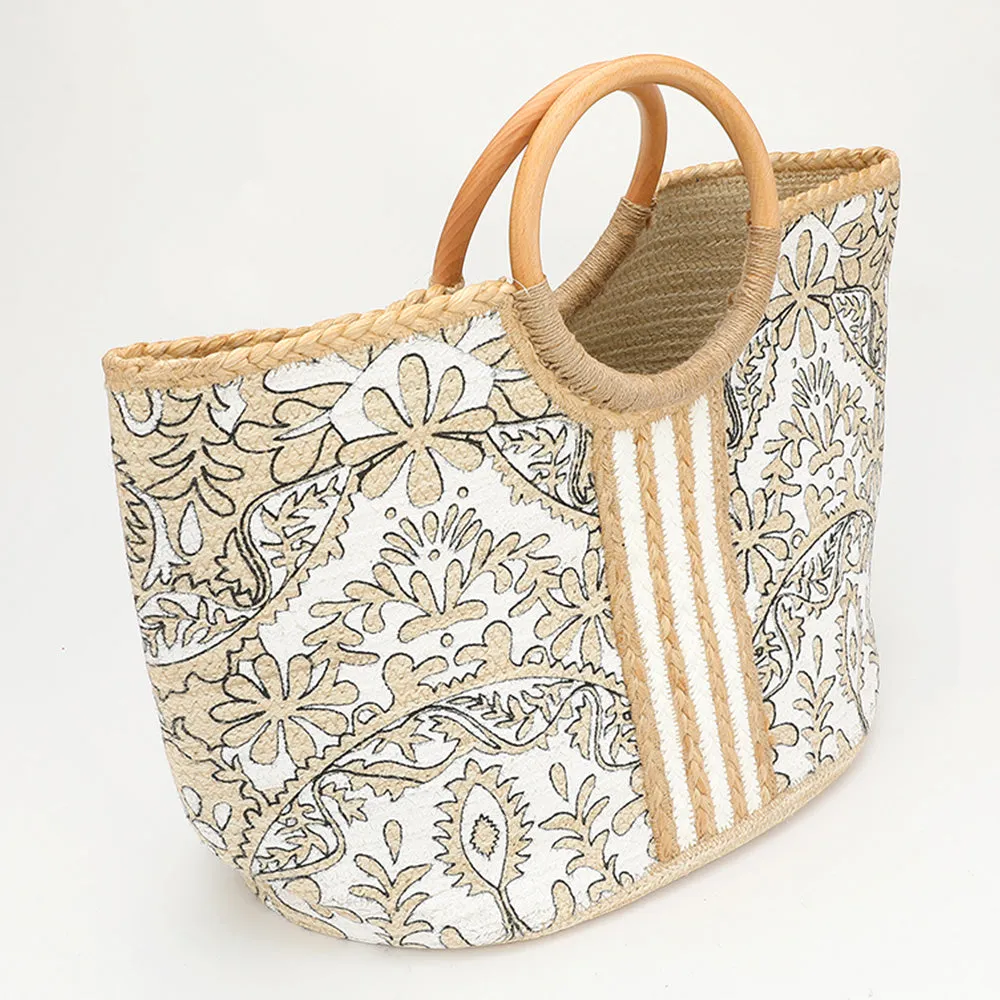 Handmade Floral Print Round Wooden Handle Straw Tote Bag