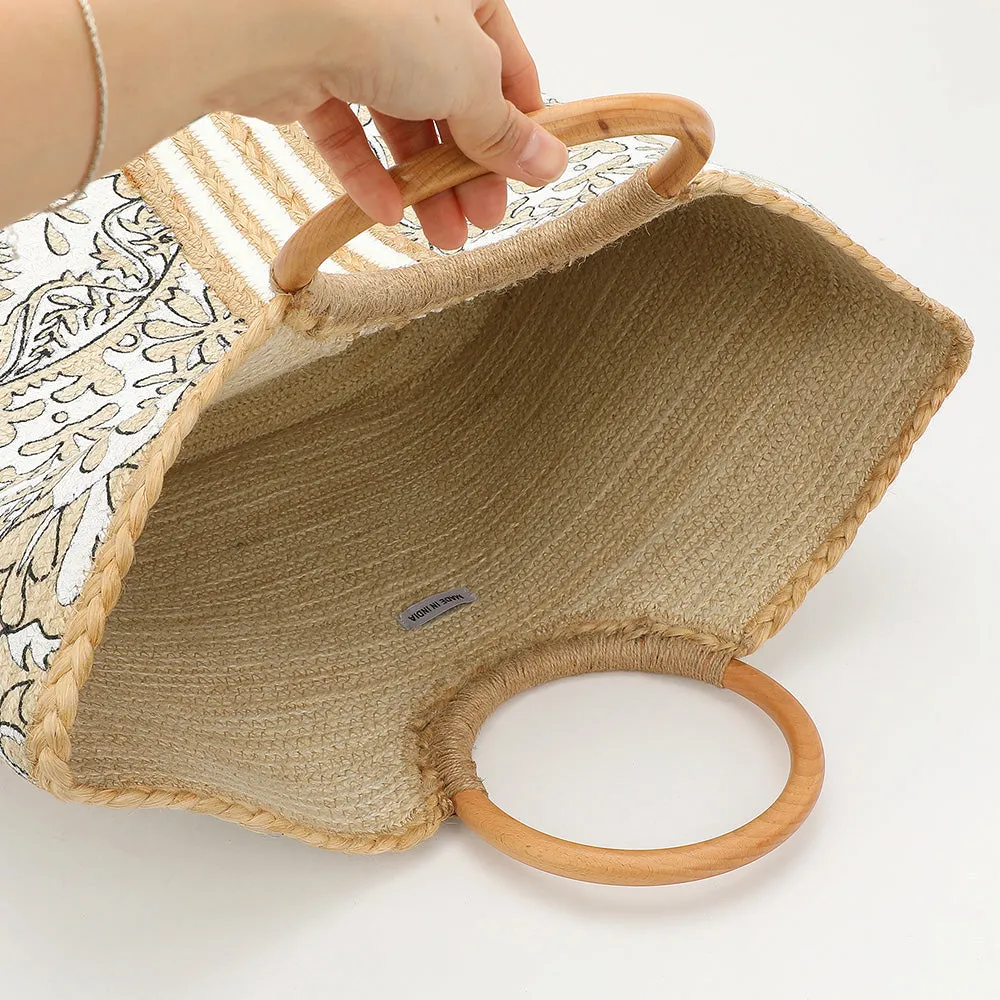 Handmade Floral Print Round Wooden Handle Straw Tote Bag
