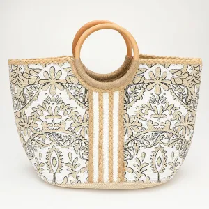 Handmade Floral Print Round Wooden Handle Straw Tote Bag