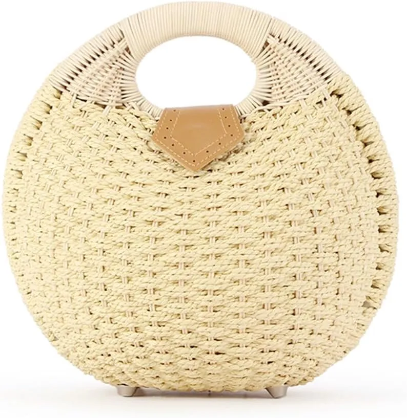 Handmade Straw Handbag Woven Shell Bag Summer Beach Rattan Tote Bag for Women Round Handle Ring Straw Purses