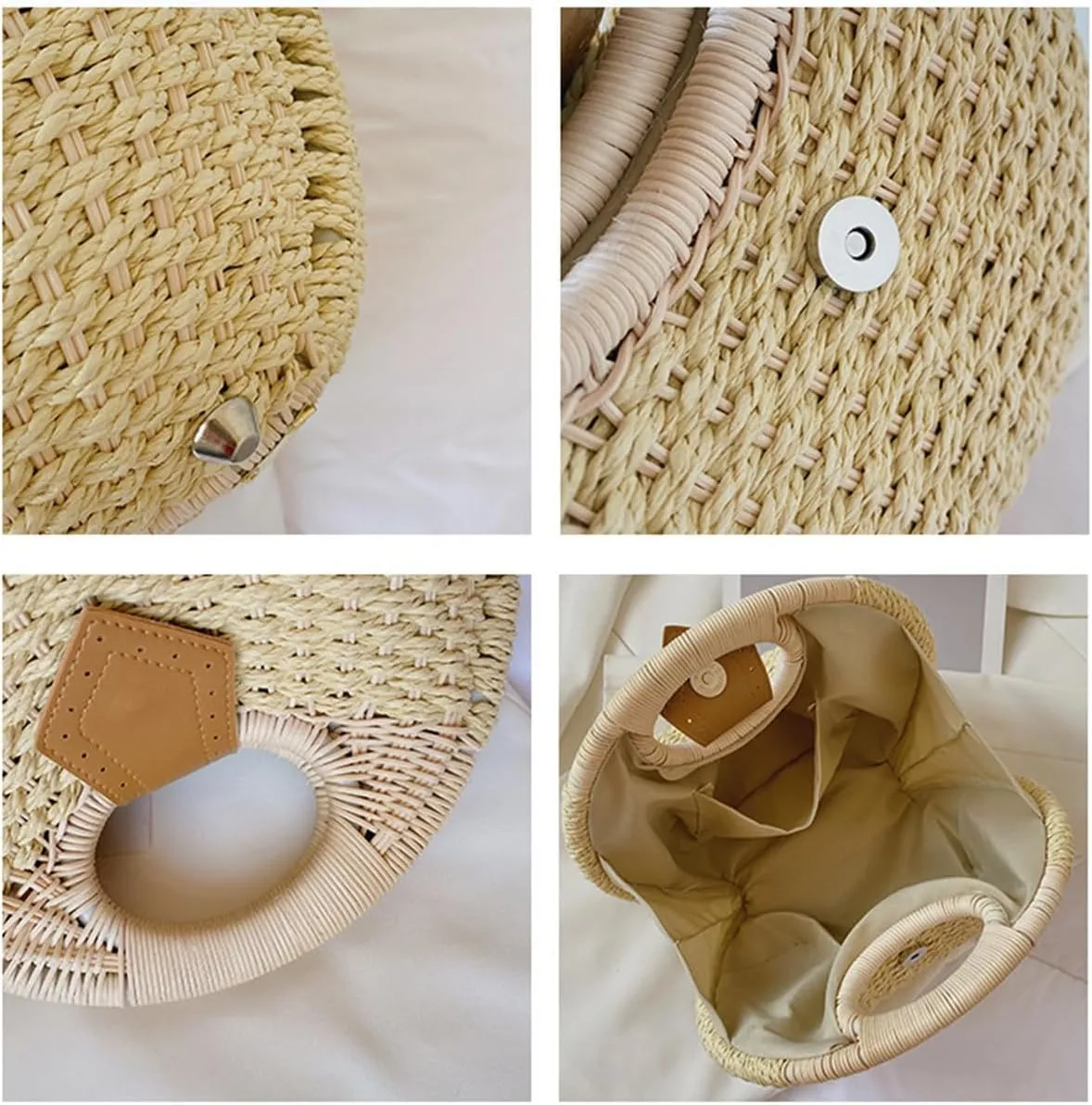 Handmade Straw Handbag Woven Shell Bag Summer Beach Rattan Tote Bag for Women Round Handle Ring Straw Purses