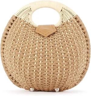 Handmade Straw Handbag Woven Shell Bag Summer Beach Rattan Tote Bag for Women Round Handle Ring Straw Purses