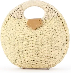 Handmade Straw Handbag Woven Shell Bag Summer Beach Rattan Tote Bag for Women Round Handle Ring Straw Purses
