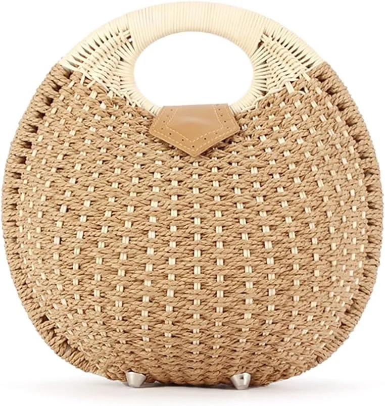 Handmade Straw Handbag Woven Shell Bag Summer Beach Rattan Tote Bag for Women Round Handle Ring Straw Purses