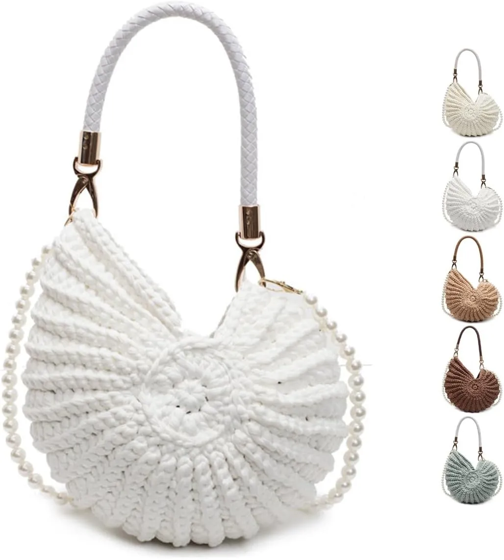 Handwoven Fashion Seashell Bag,Boho Clutch with Pearl Strap,Crochet Beach Bags with Leather Handle & Premium Hardware