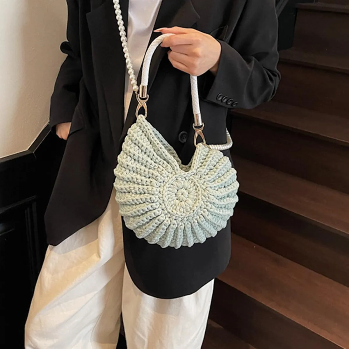 Handwoven Fashion Seashell Bag,Boho Clutch with Pearl Strap,Crochet Beach Bags with Leather Handle & Premium Hardware