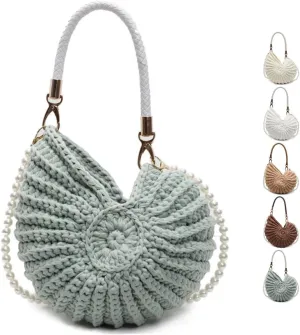 Handwoven Fashion Seashell Bag,Boho Clutch with Pearl Strap,Crochet Beach Bags with Leather Handle & Premium Hardware