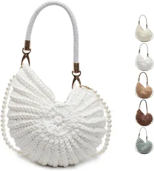 Handwoven Fashion Seashell Bag,Boho Clutch with Pearl Strap,Crochet Beach Bags with Leather Handle & Premium Hardware