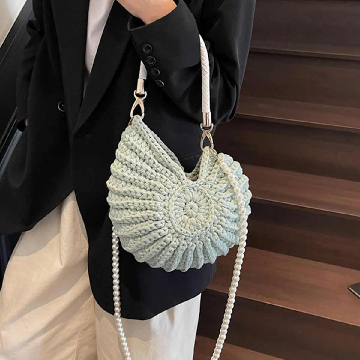 Handwoven Fashion Seashell Bag,Boho Clutch with Pearl Strap,Crochet Beach Bags with Leather Handle & Premium Hardware