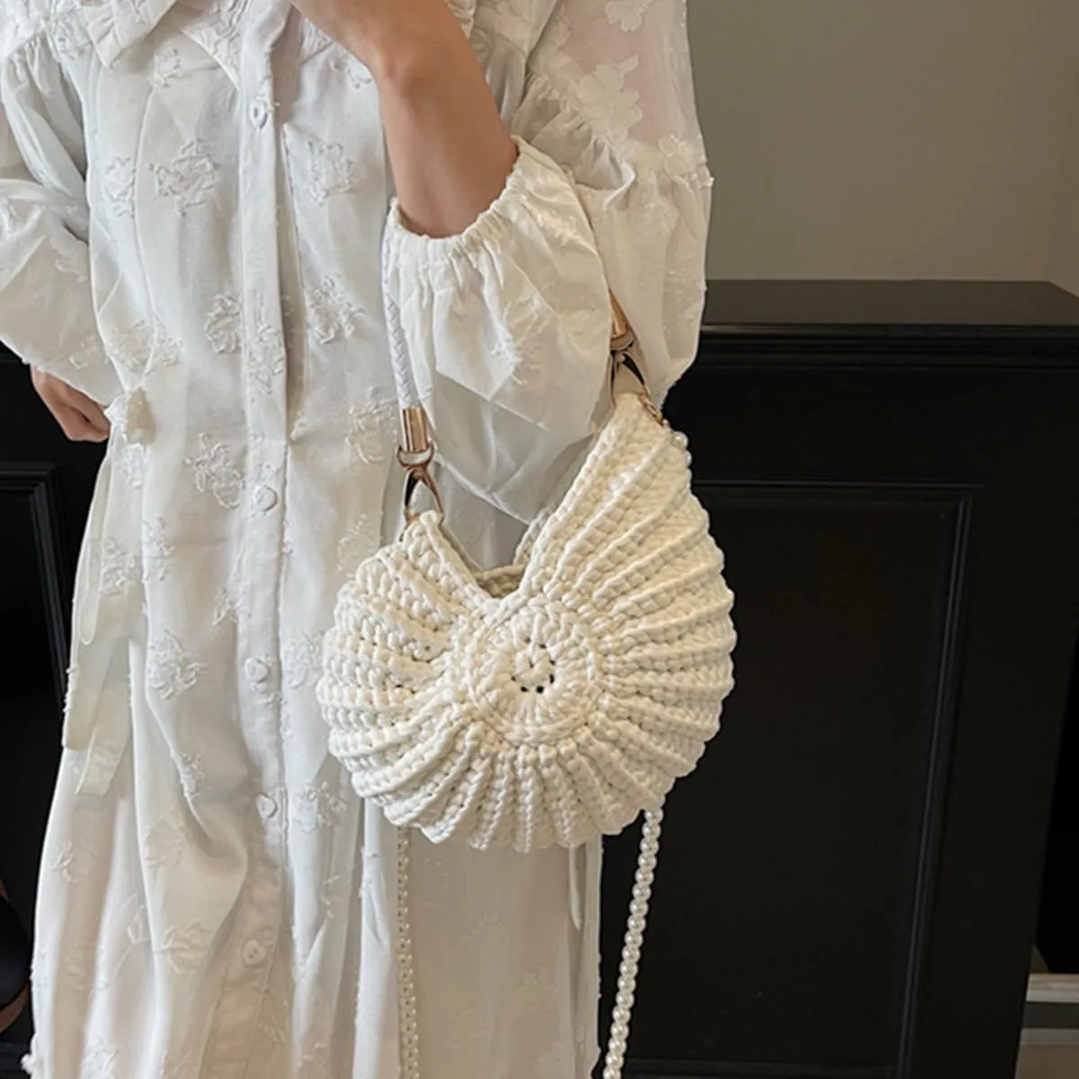 Handwoven Fashion Seashell Bag,Boho Clutch with Pearl Strap,Crochet Beach Bags with Leather Handle & Premium Hardware