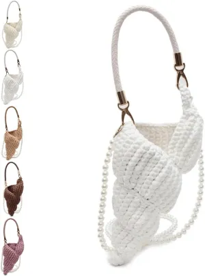 Handwoven Fashion Seashell Bag,Boho Clutch with Pearl Strap,Crochet Beach Bags with Leather Handle & Premium Hardware