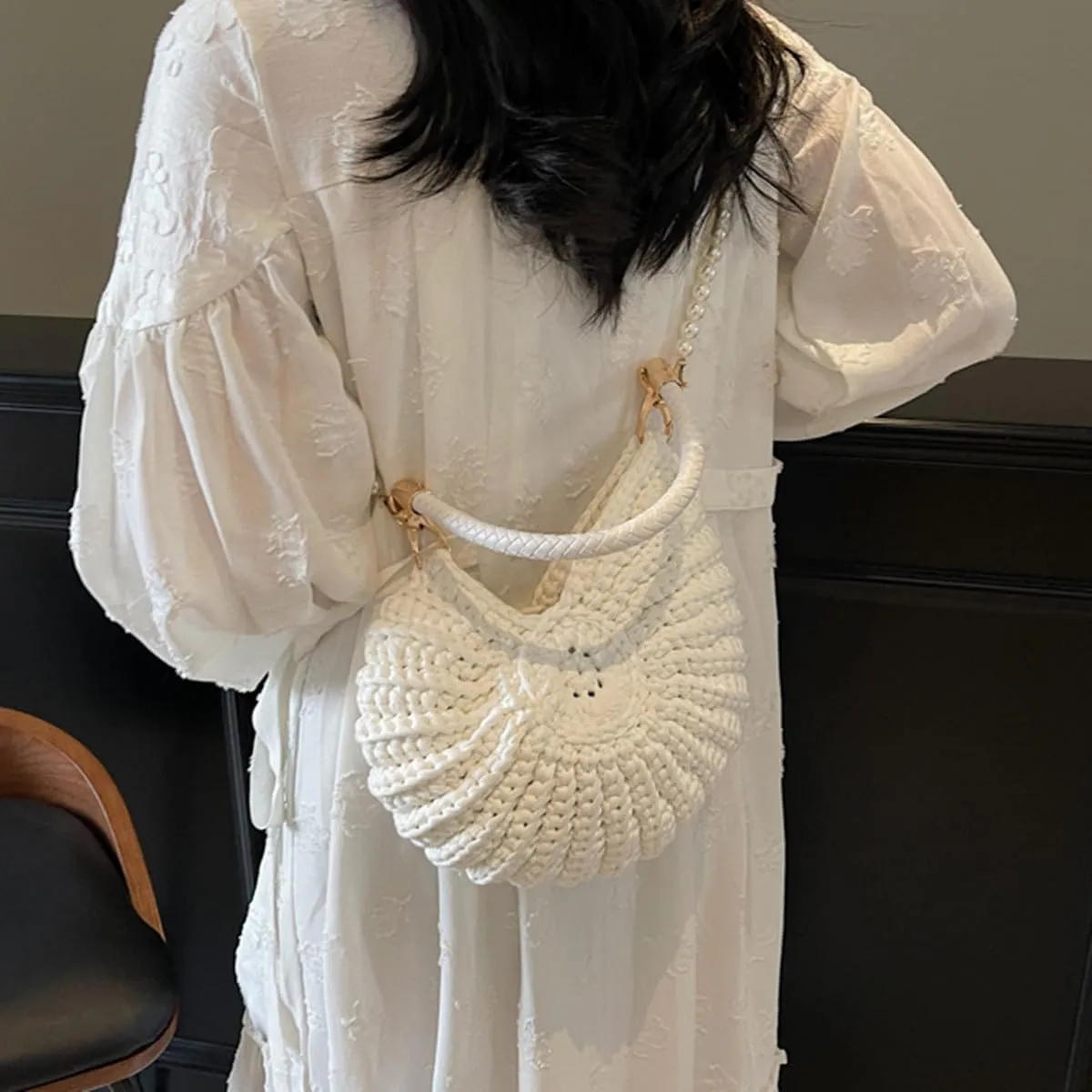 Handwoven Fashion Seashell Bag,Boho Clutch with Pearl Strap,Crochet Beach Bags with Leather Handle & Premium Hardware