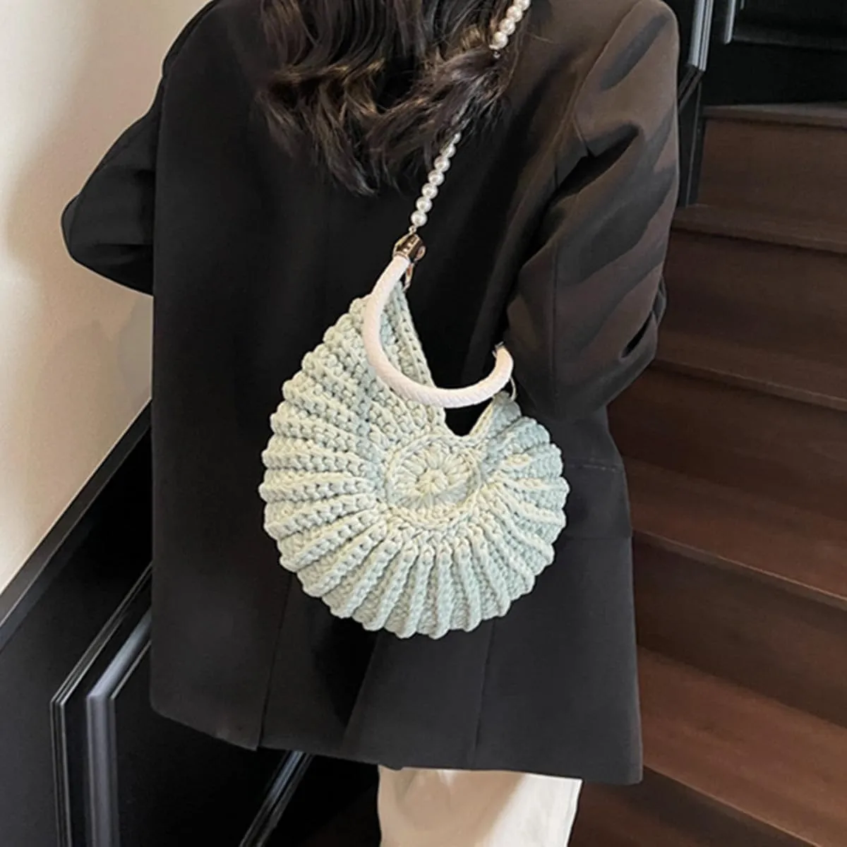 Handwoven Fashion Seashell Bag,Boho Clutch with Pearl Strap,Crochet Beach Bags with Leather Handle & Premium Hardware