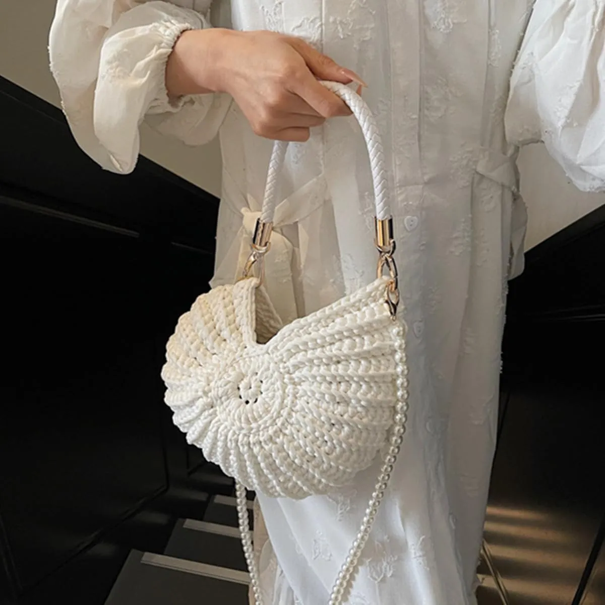 Handwoven Fashion Seashell Bag,Boho Clutch with Pearl Strap,Crochet Beach Bags with Leather Handle & Premium Hardware