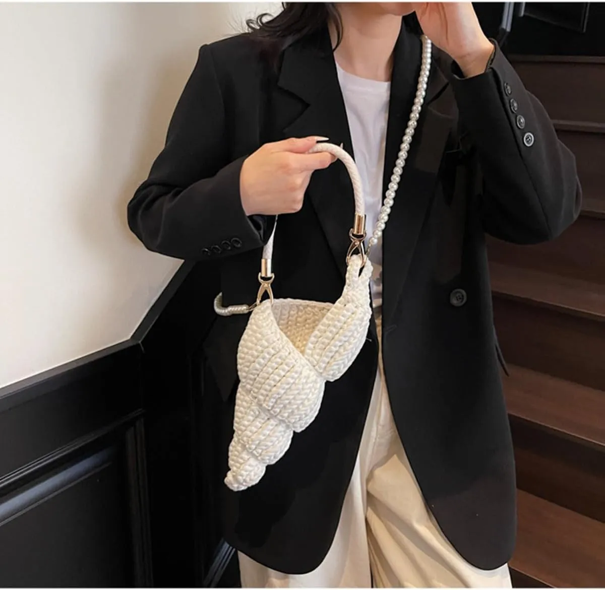 Handwoven Fashion Seashell Bag,Boho Clutch with Pearl Strap,Crochet Beach Bags with Leather Handle & Premium Hardware