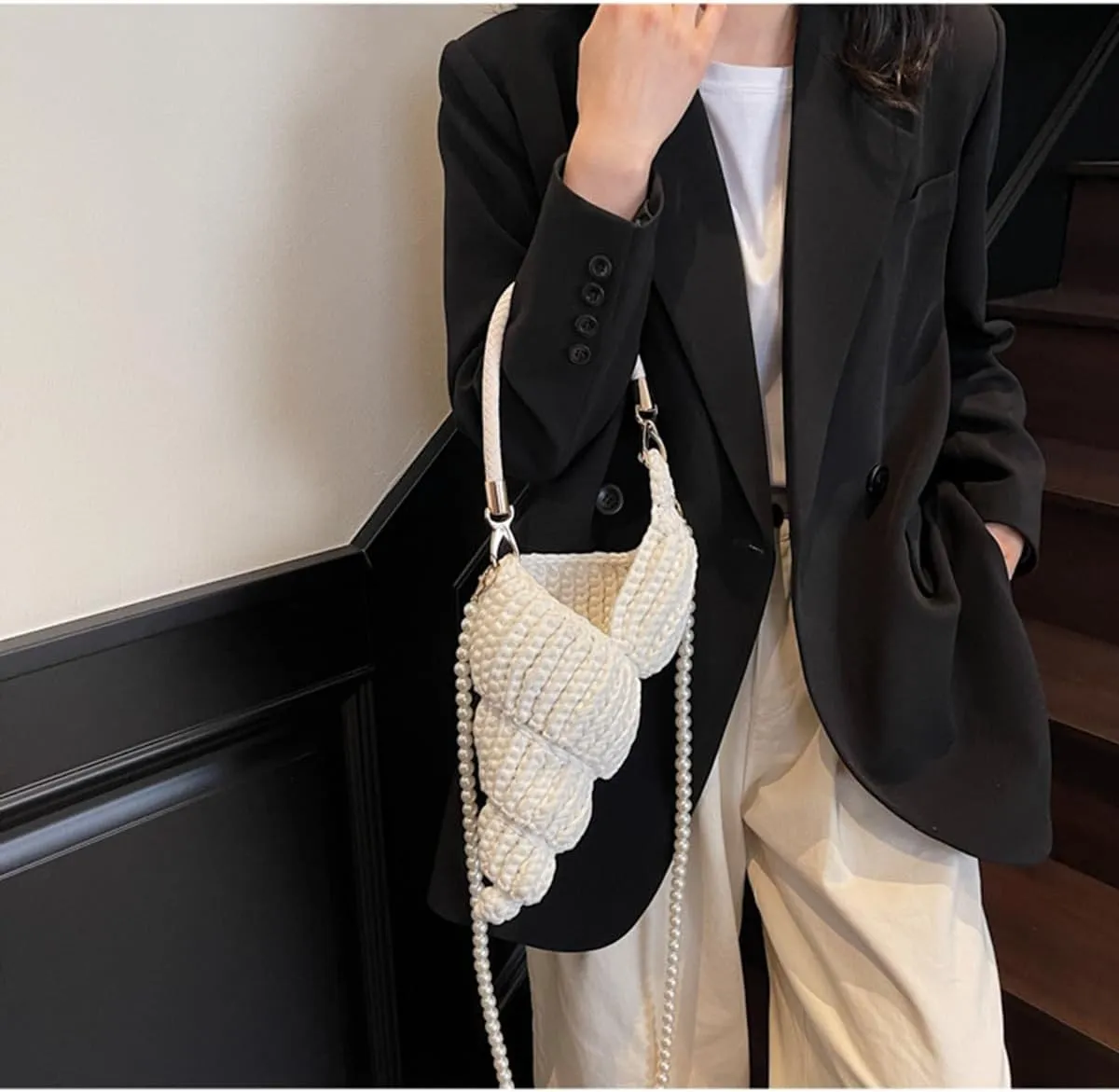 Handwoven Fashion Seashell Bag,Boho Clutch with Pearl Strap,Crochet Beach Bags with Leather Handle & Premium Hardware