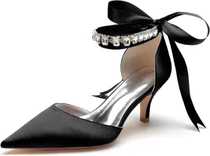Hanfike Satin Evening Dress Shoes for Bridal Bridesmaids Ankle Chains Evening Prom Pumps with Ribbon JY136