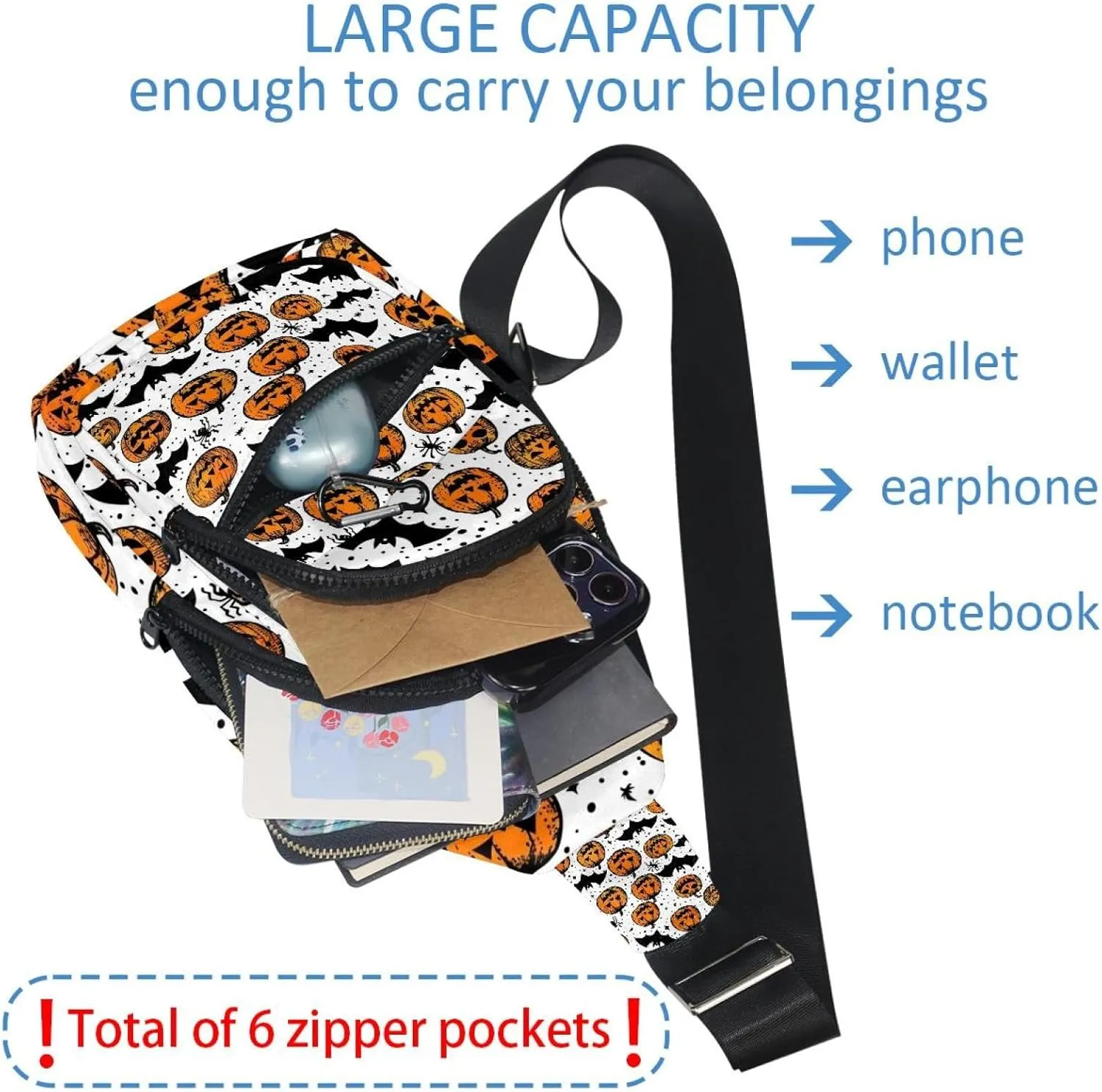 Happy Halloween with Pumpkin Bat Spider 1 Sling Bag, Crossbody Sling Backpack Travel Hiking Chest Bag Daypack for Purses Shoulder Bag Women Men's