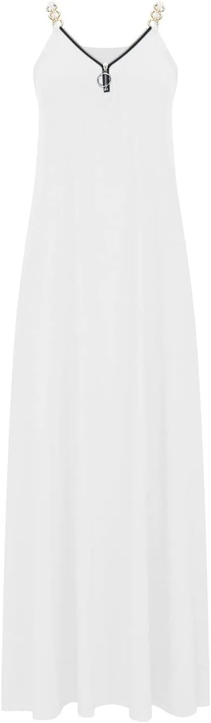 Hawaiian Dresses for Women 2023 Fashion Sleeveless Zipper v Neck Chain Strap Dress Casual Summer Beach Long Sundress