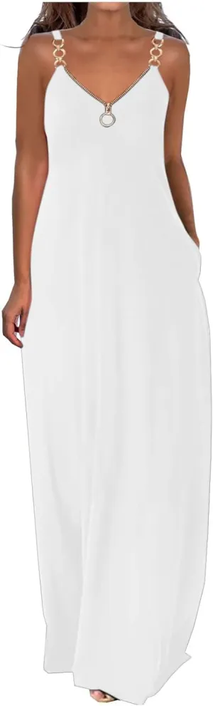 Hawaiian Dresses for Women 2023 Fashion Sleeveless Zipper v Neck Chain Strap Dress Casual Summer Beach Long Sundress
