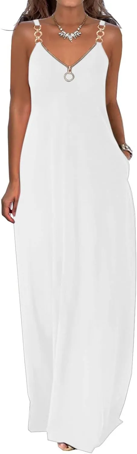 Hawaiian Dresses for Women 2023 Fashion Sleeveless Zipper v Neck Chain Strap Dress Casual Summer Beach Long Sundress