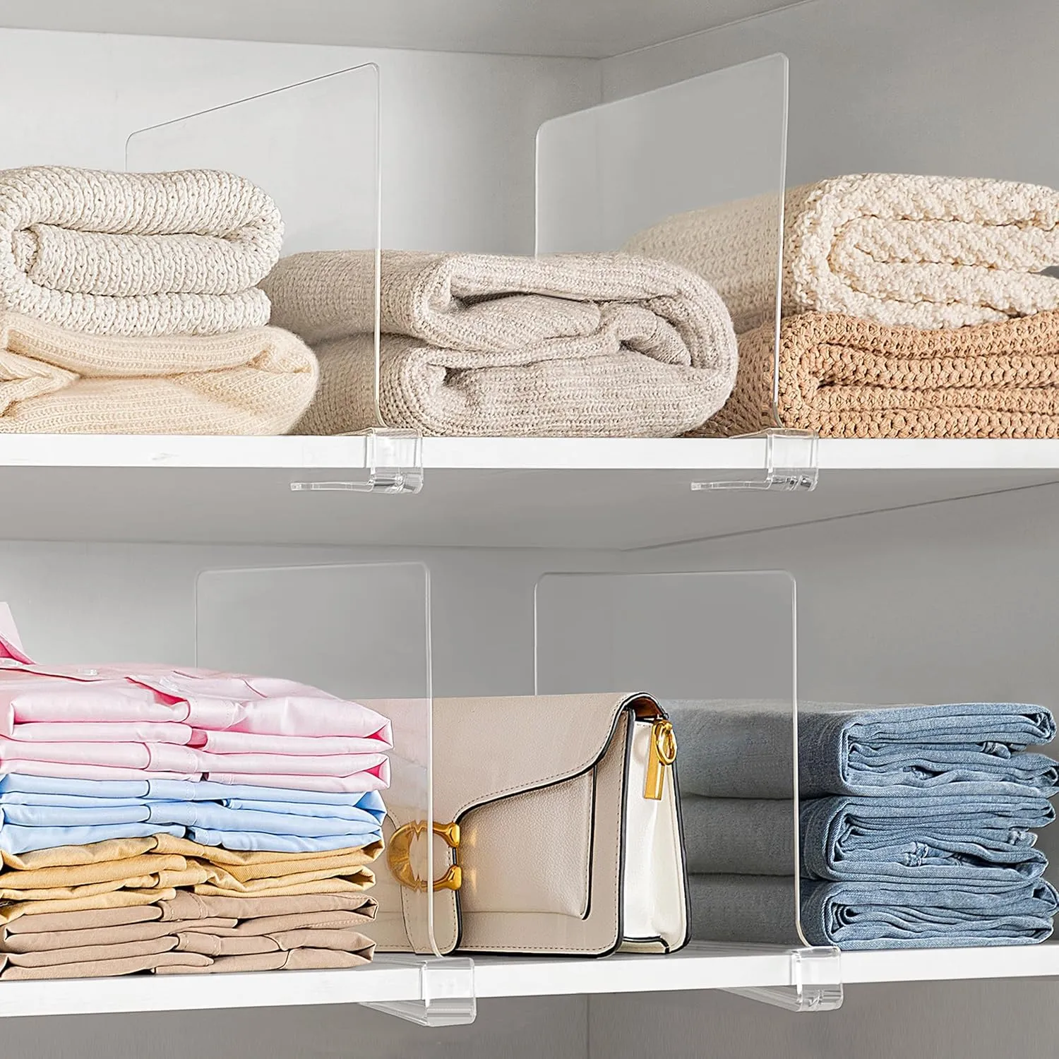 HBlife 12 Inches Tall [Extra Tall Version] Clear Shelf Dividers, 10 Pack Purse Organizer for Closet Perfect for Sweater, Shirts, Handbags, Acrylic Adjustable Bookshelf for Organization
