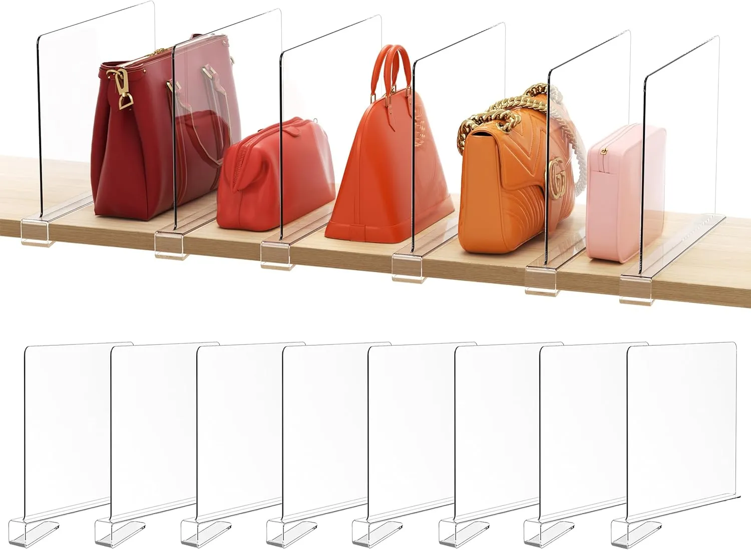 HBlife 12 Inches Tall [Extra Tall Version] Clear Shelf Dividers, 8 Pack Purse Organizer for Closet Perfect for Sweater, Shirts, Handbags, Acrylic Adjustable Bookshelf for Organization