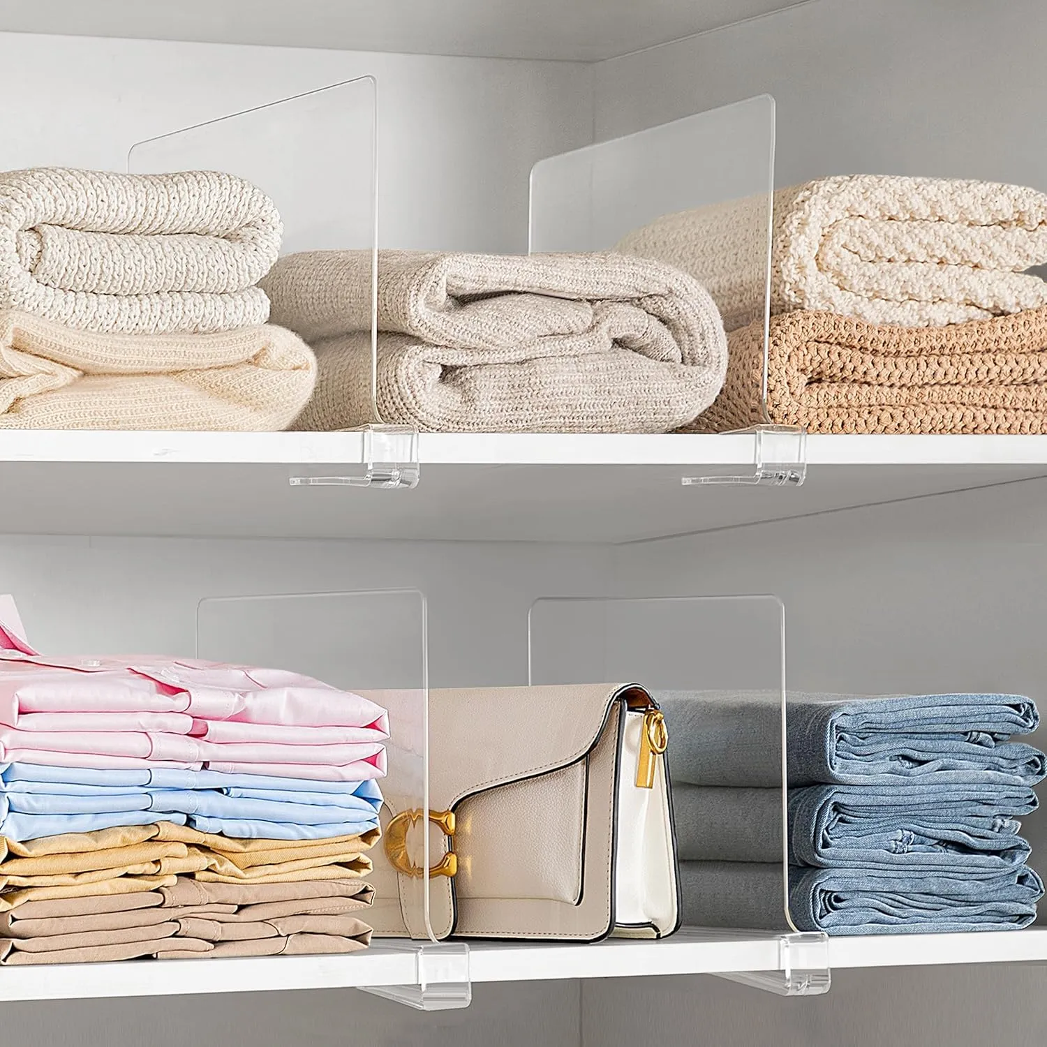 HBlife 16 Pack Clear Shelf Dividers, Vertical Purse Organizer for Closet Perfect for Sweater, Shirts, Handbags in Bedroom and Kitchen, Adjustable Acrylic Bookshelf for Organization