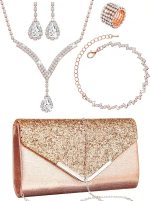 Henoyso 5 Pcs Purse Rhinestone Jewelry Set Prom Jewelry Rhinestone Clutch Purse Bride Necklace Earrings Bracelets for Women