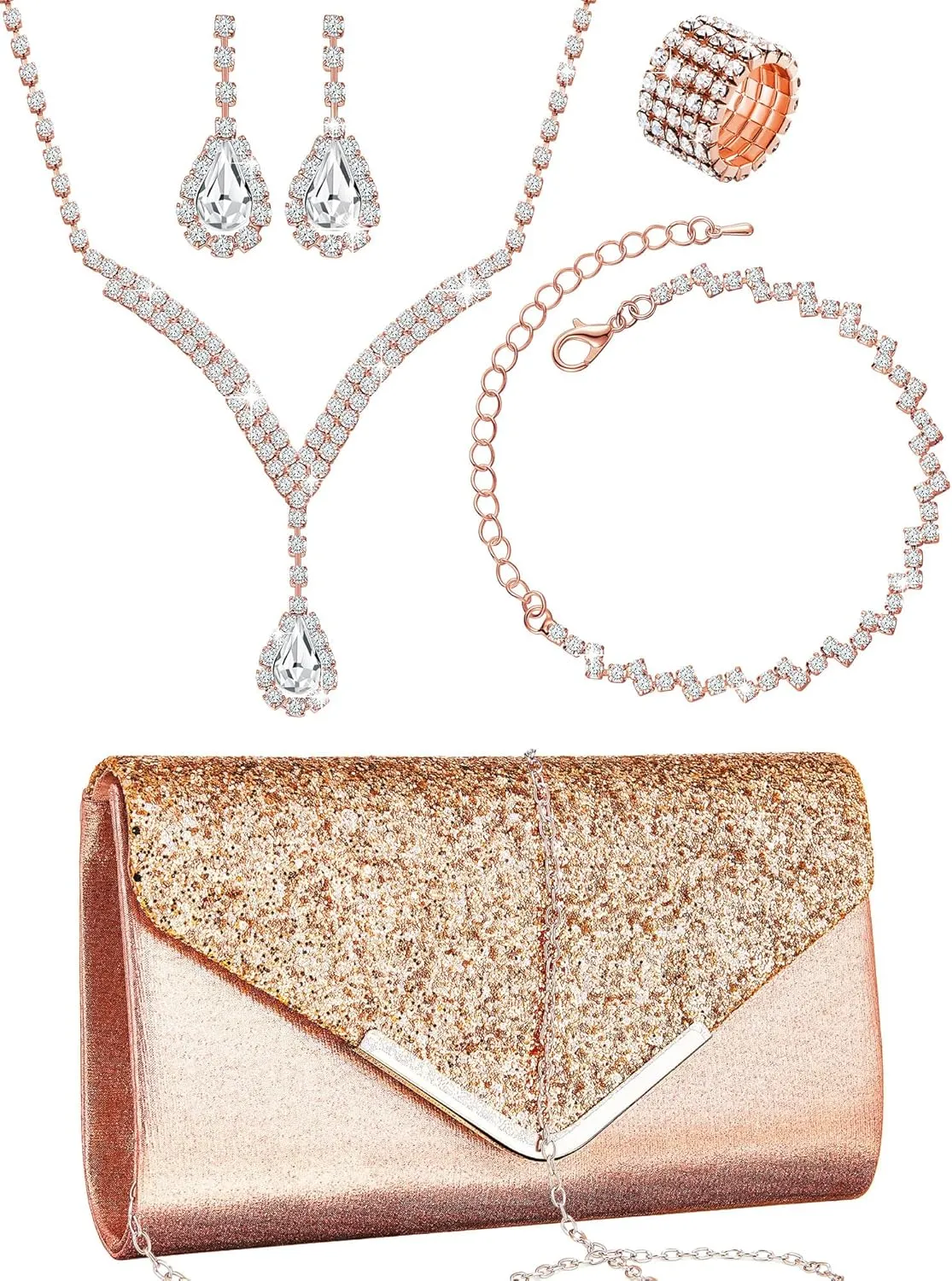 Henoyso 5 Pcs Purse Rhinestone Jewelry Set Prom Jewelry Rhinestone Clutch Purse Bride Necklace Earrings Bracelets for Women