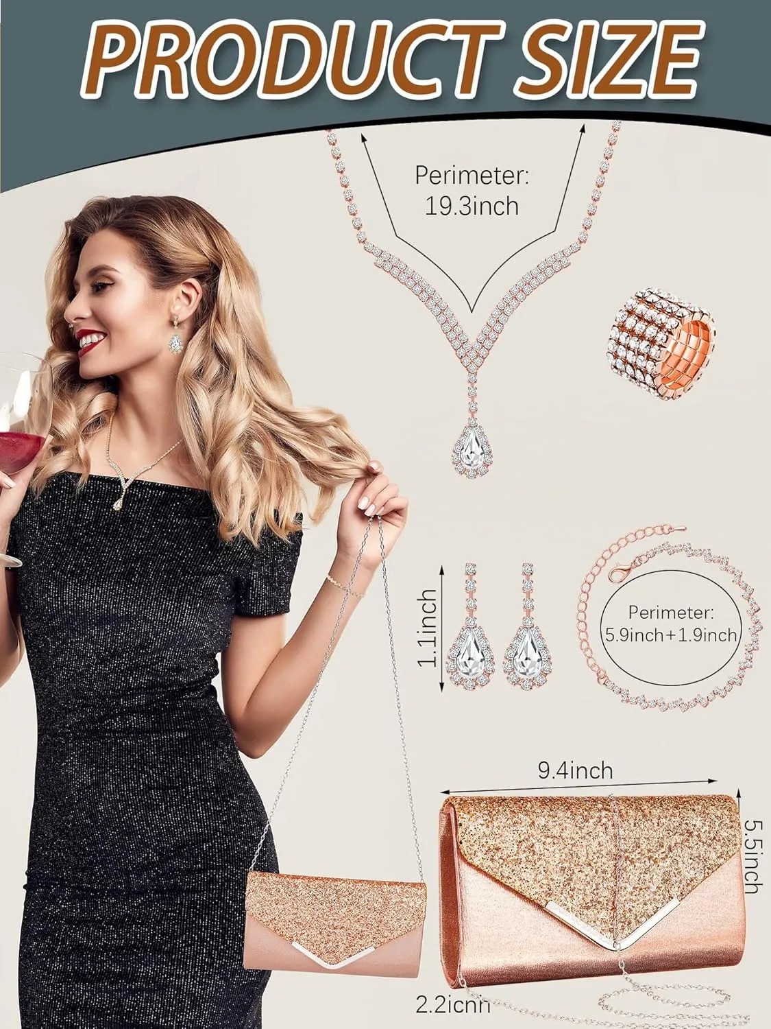 Henoyso 5 Pcs Purse Rhinestone Jewelry Set Prom Jewelry Rhinestone Clutch Purse Bride Necklace Earrings Bracelets for Women