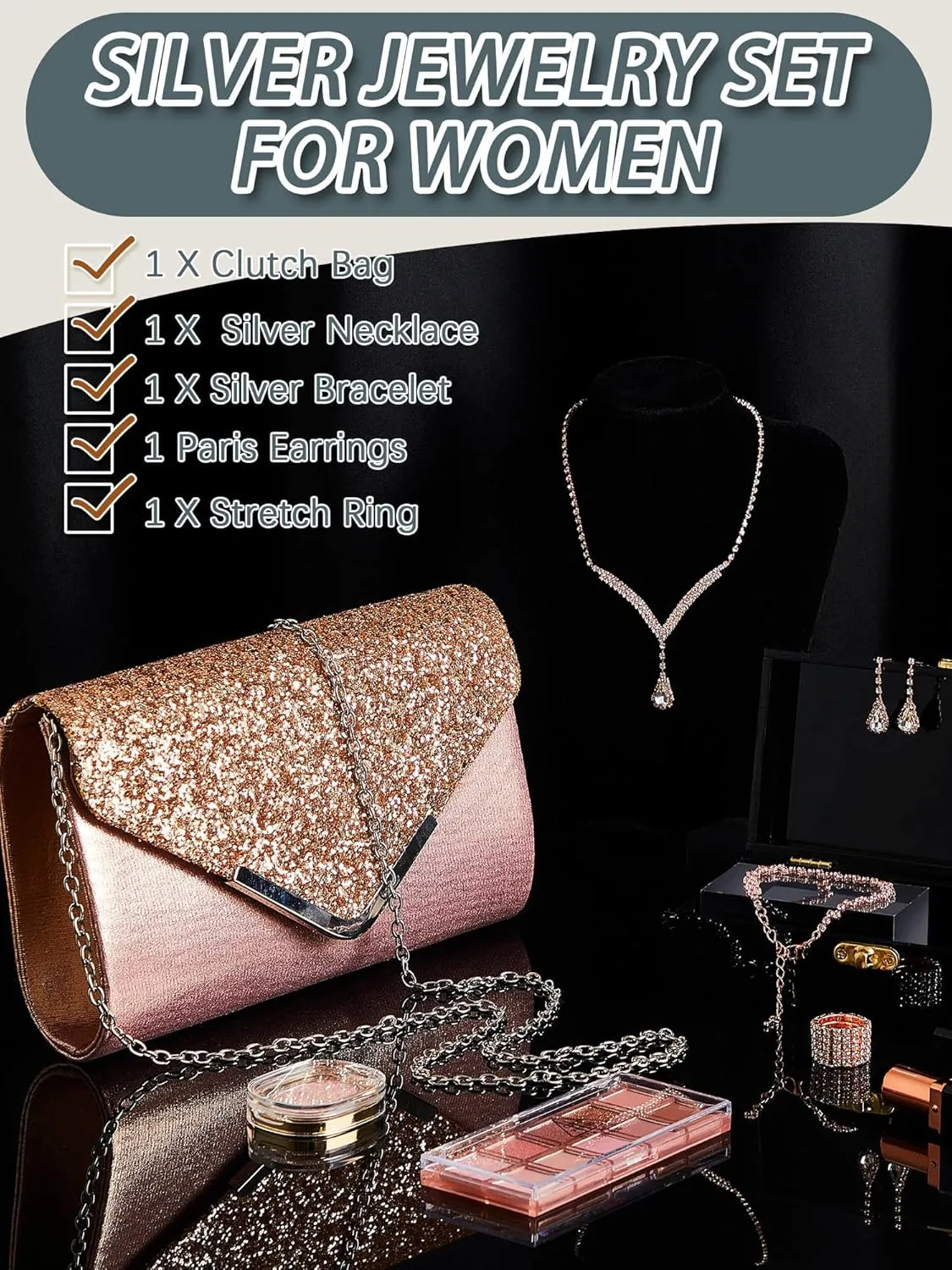 Henoyso 5 Pcs Purse Rhinestone Jewelry Set Prom Jewelry Rhinestone Clutch Purse Bride Necklace Earrings Bracelets for Women