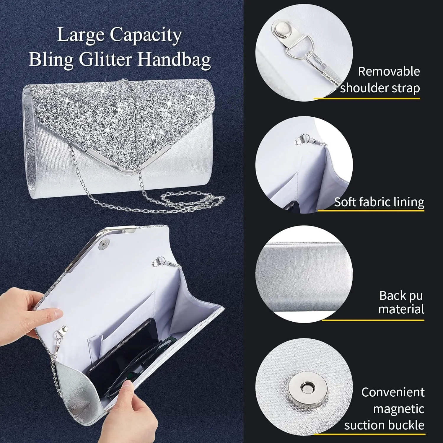 Henoyso 5 Pcs Purse Rhinestone Jewelry Set Prom Jewelry Rhinestone Clutch Purse Necklace Earrings Bracelets for Women Bride