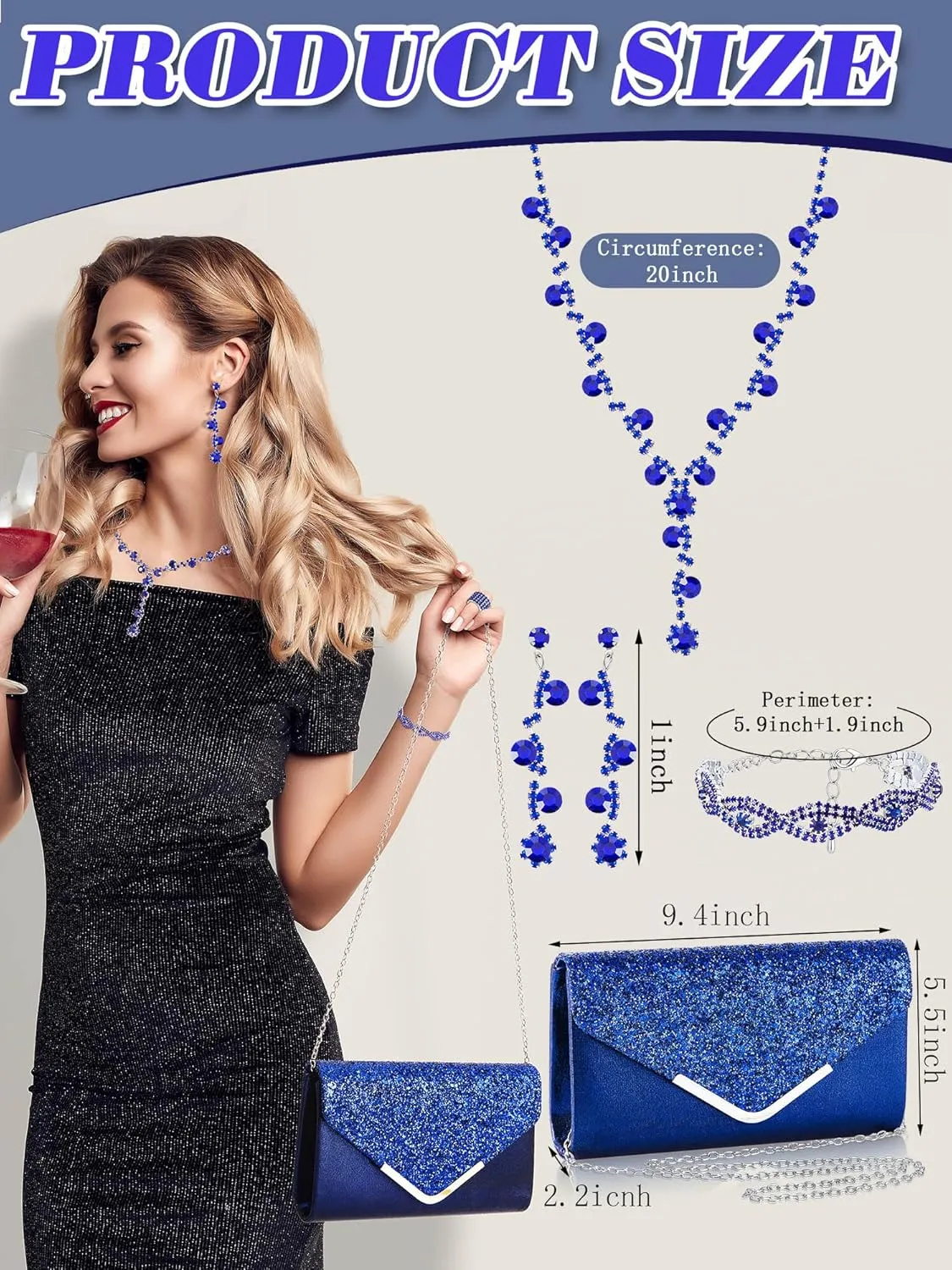 Henoyso 5 Pcs Purse Rhinestone Jewelry Set Prom Jewelry Rhinestone Clutch Purse Necklace Earrings Bracelets for Women Bride
