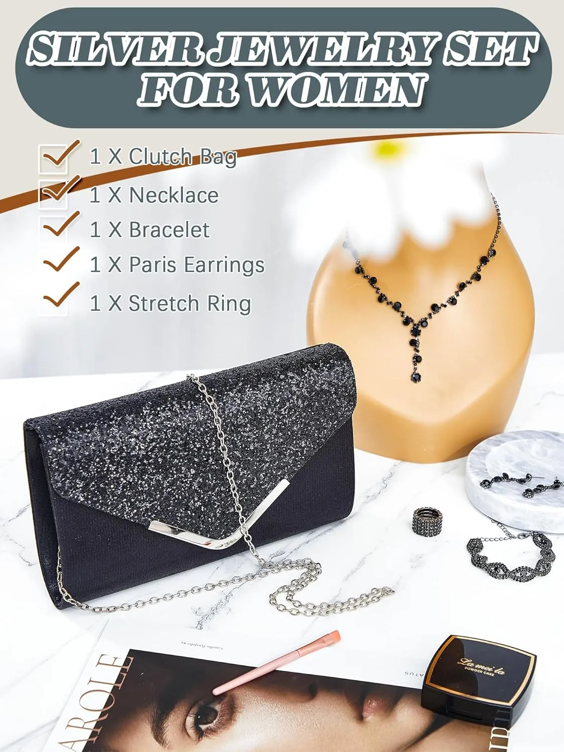 Henoyso 5 Pcs Purse Rhinestone Jewelry Set Prom Jewelry Rhinestone Clutch Purse Necklace Earrings Bracelets for Women Bride