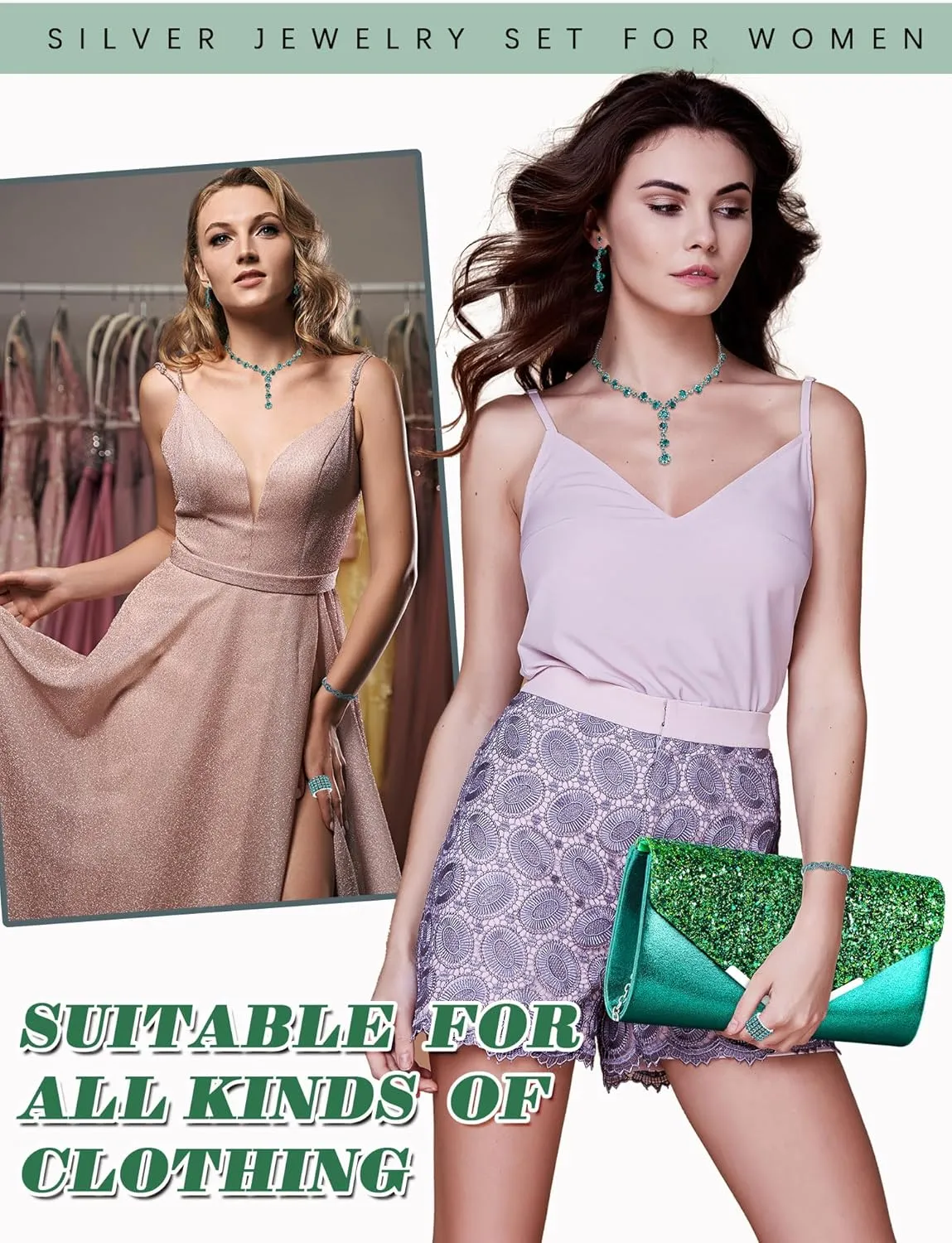 Henoyso 5 Pcs Purse Rhinestone Jewelry Set Prom Jewelry Rhinestone Clutch Purse Necklace Earrings Bracelets for Women Bride