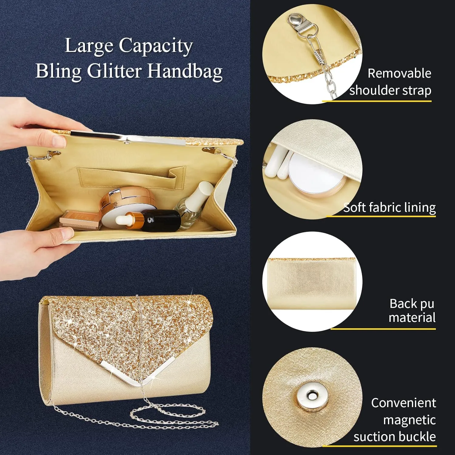 Henoyso 5 Pcs Purse Rhinestone Jewelry Set Prom Jewelry Rhinestone Clutch Purse Necklace Earrings Bracelets for Women Bride