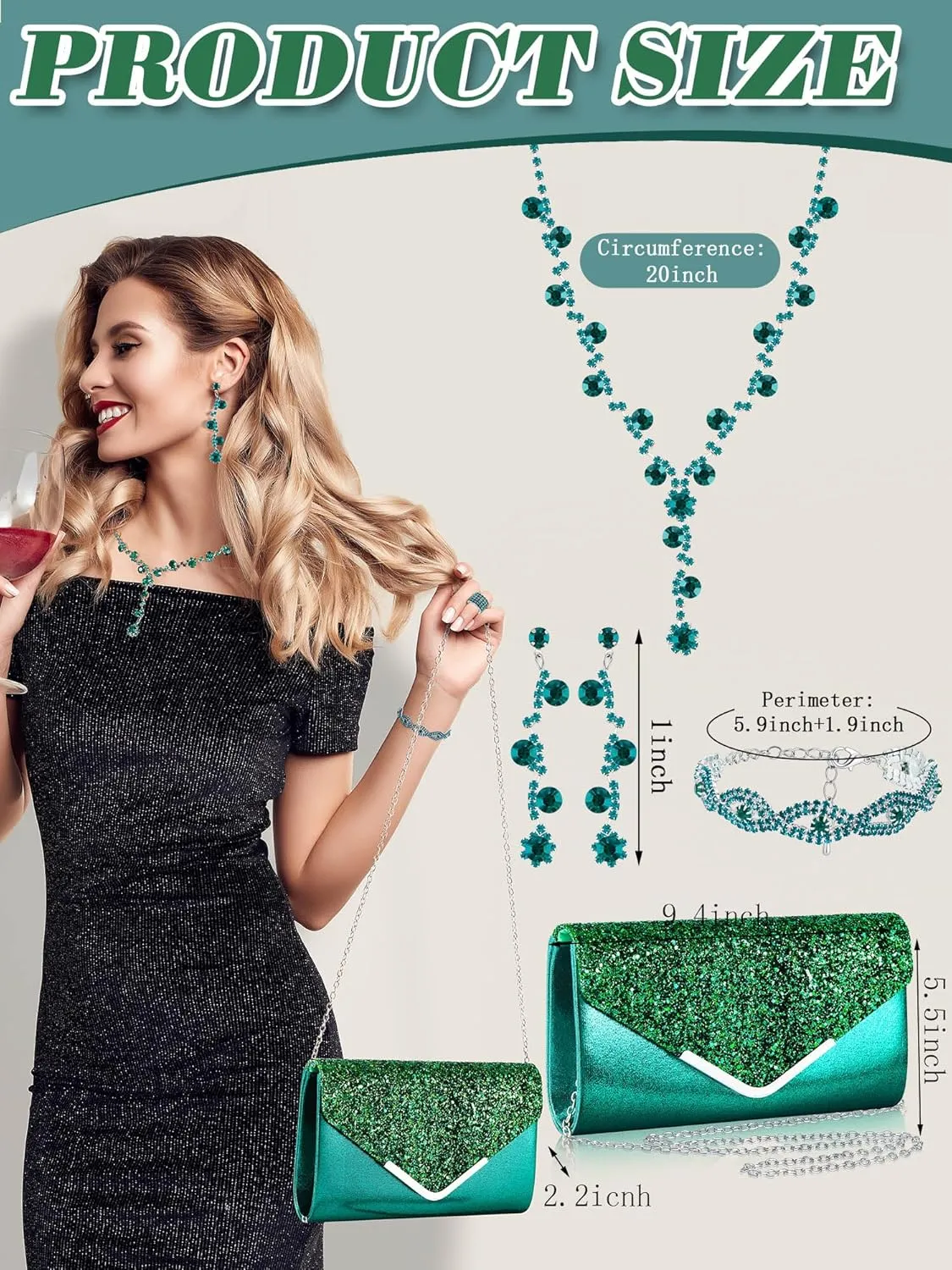 Henoyso 5 Pcs Purse Rhinestone Jewelry Set Prom Jewelry Rhinestone Clutch Purse Necklace Earrings Bracelets for Women Bride