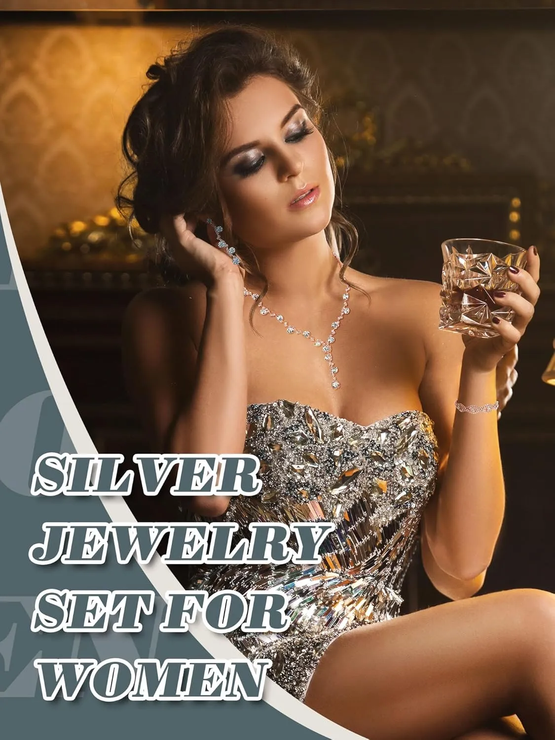 Henoyso 5 Pcs Purse Rhinestone Jewelry Set Prom Jewelry Rhinestone Clutch Purse Necklace Earrings Bracelets for Women Bride
