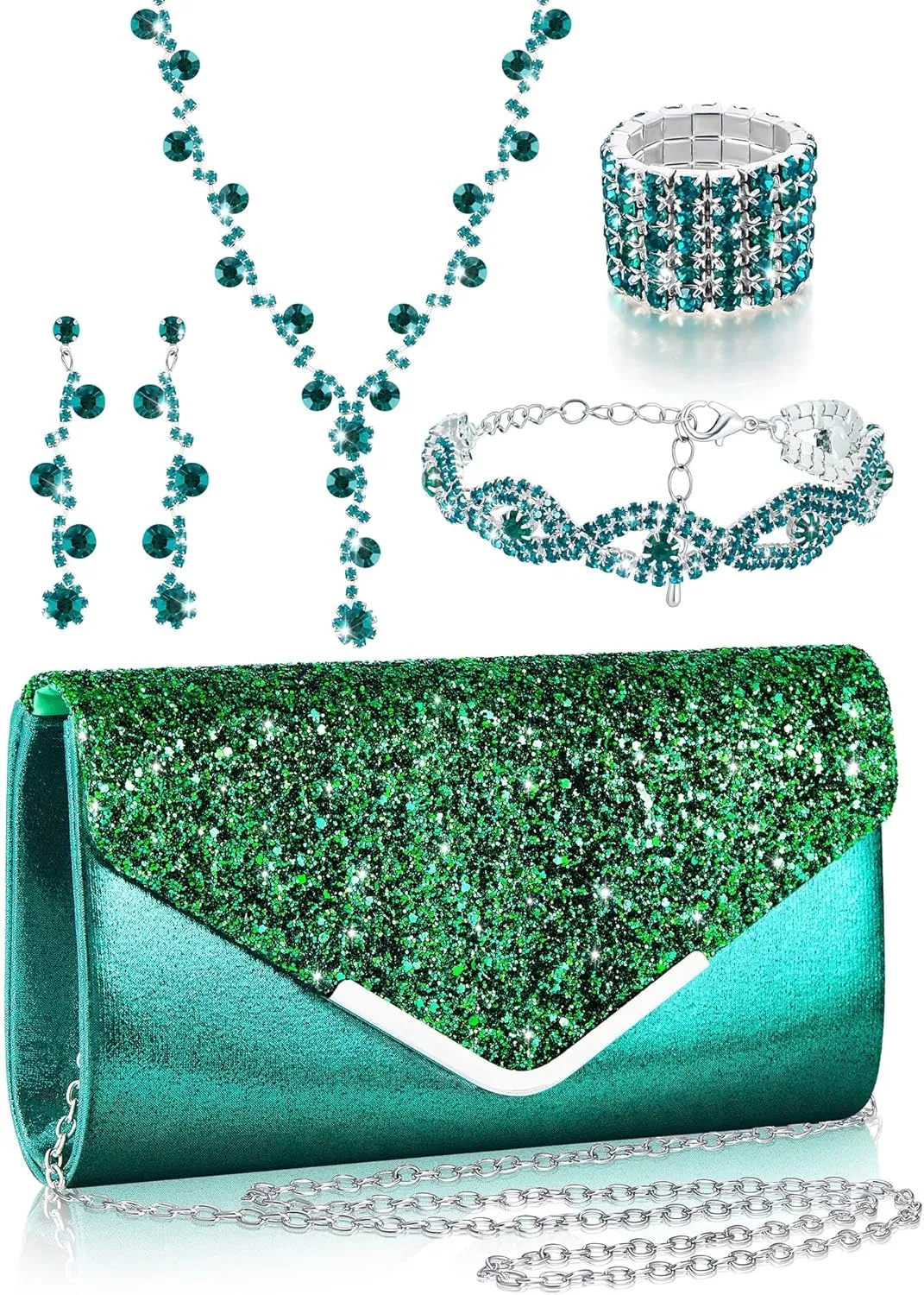 Henoyso 5 Pcs Purse Rhinestone Jewelry Set Prom Jewelry Rhinestone Clutch Purse Necklace Earrings Bracelets for Women Bride