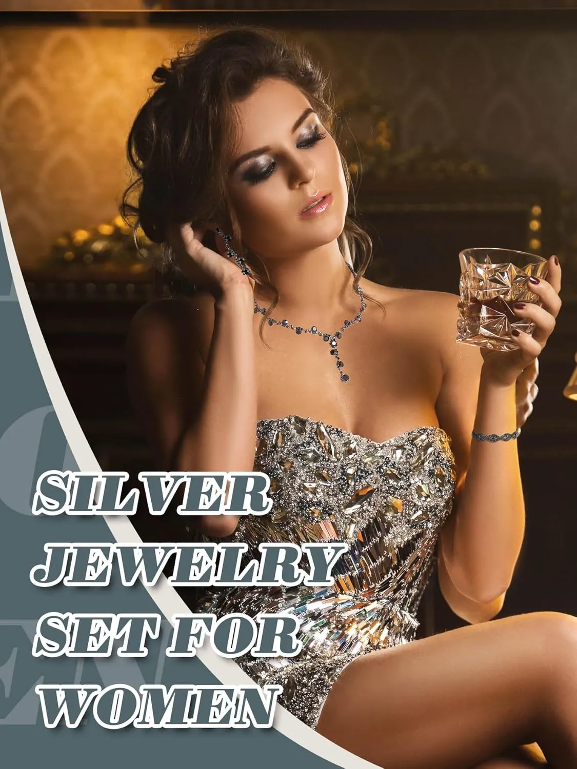 Henoyso 5 Pcs Purse Rhinestone Jewelry Set Prom Jewelry Rhinestone Clutch Purse Necklace Earrings Bracelets for Women Bride