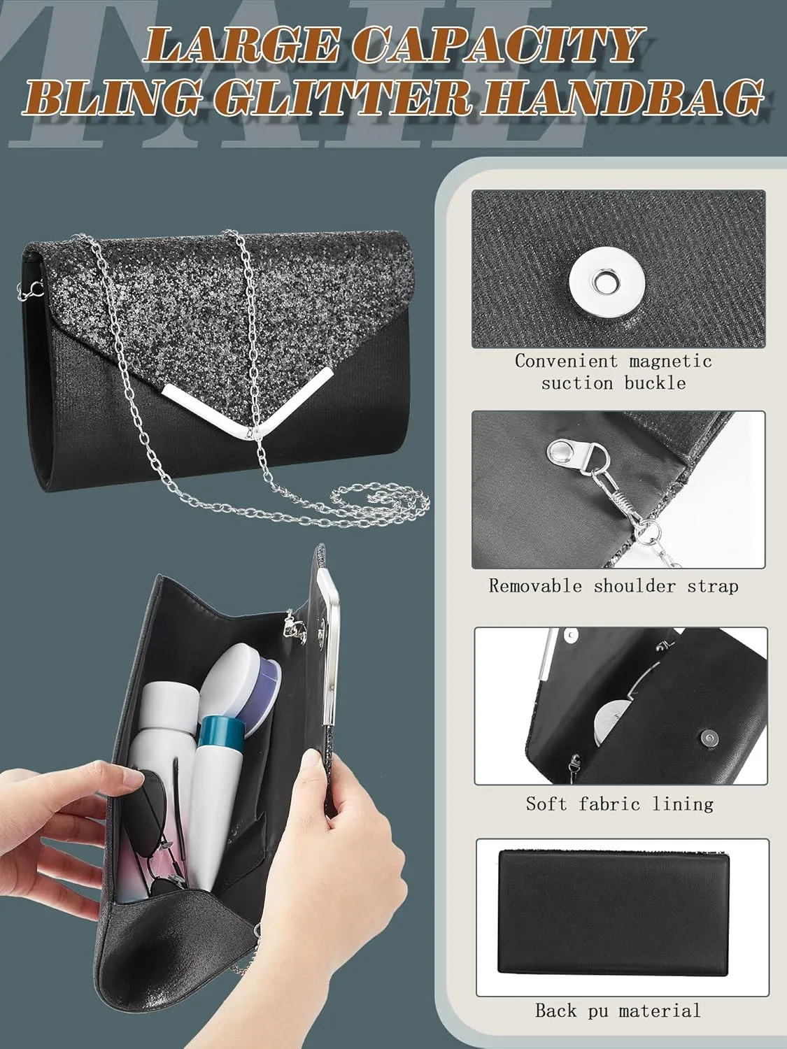 Henoyso 5 Pcs Purse Rhinestone Jewelry Set Prom Jewelry Rhinestone Clutch Purse Necklace Earrings Bracelets for Women Bride
