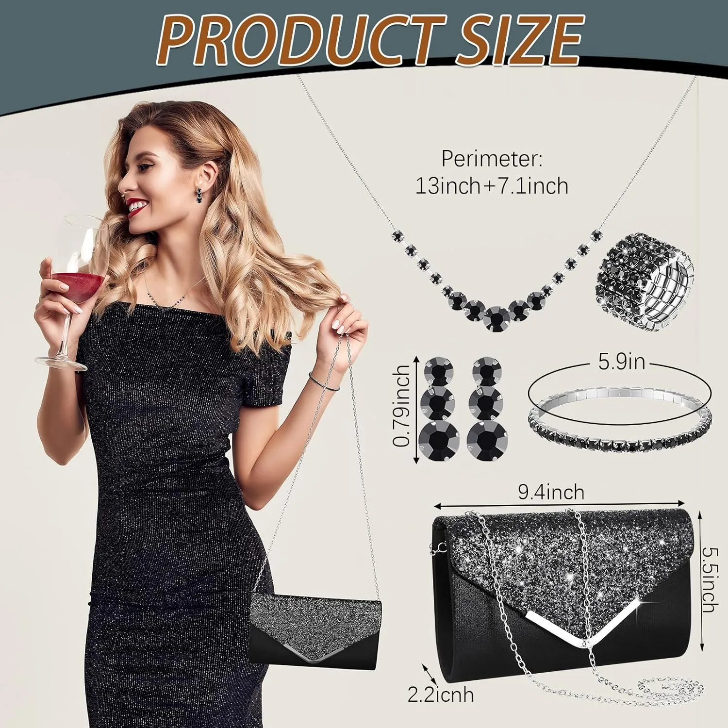 Henoyso 5 Pcs Rhinestone Jewelry Set Prom Jewelry Rhinestone Clutch Purse Necklace Earrings Bracelets for Bride Women Evening Party Wedding