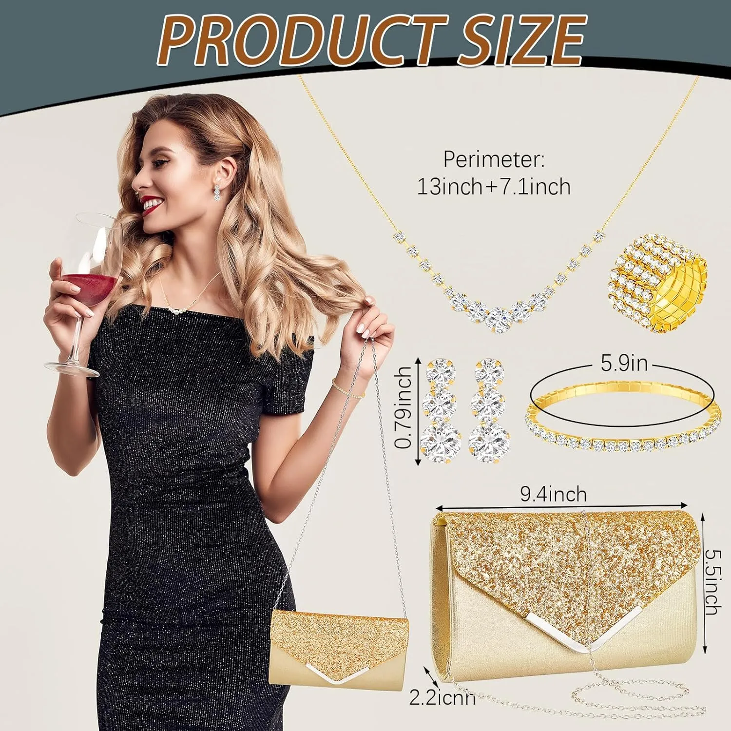 Henoyso 5 Pcs Rhinestone Jewelry Set Prom Jewelry Rhinestone Clutch Purse Necklace Earrings Bracelets for Bride Women Evening Party Wedding