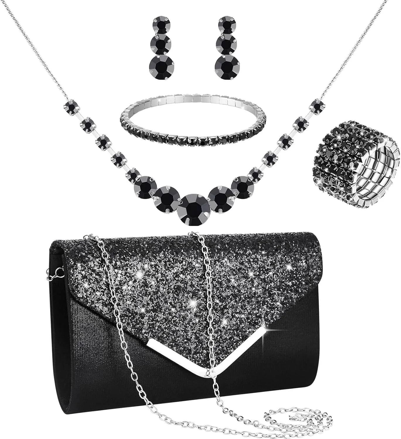 Henoyso 5 Pcs Rhinestone Jewelry Set Prom Jewelry Rhinestone Clutch Purse Necklace Earrings Bracelets for Bride Women Evening Party Wedding
