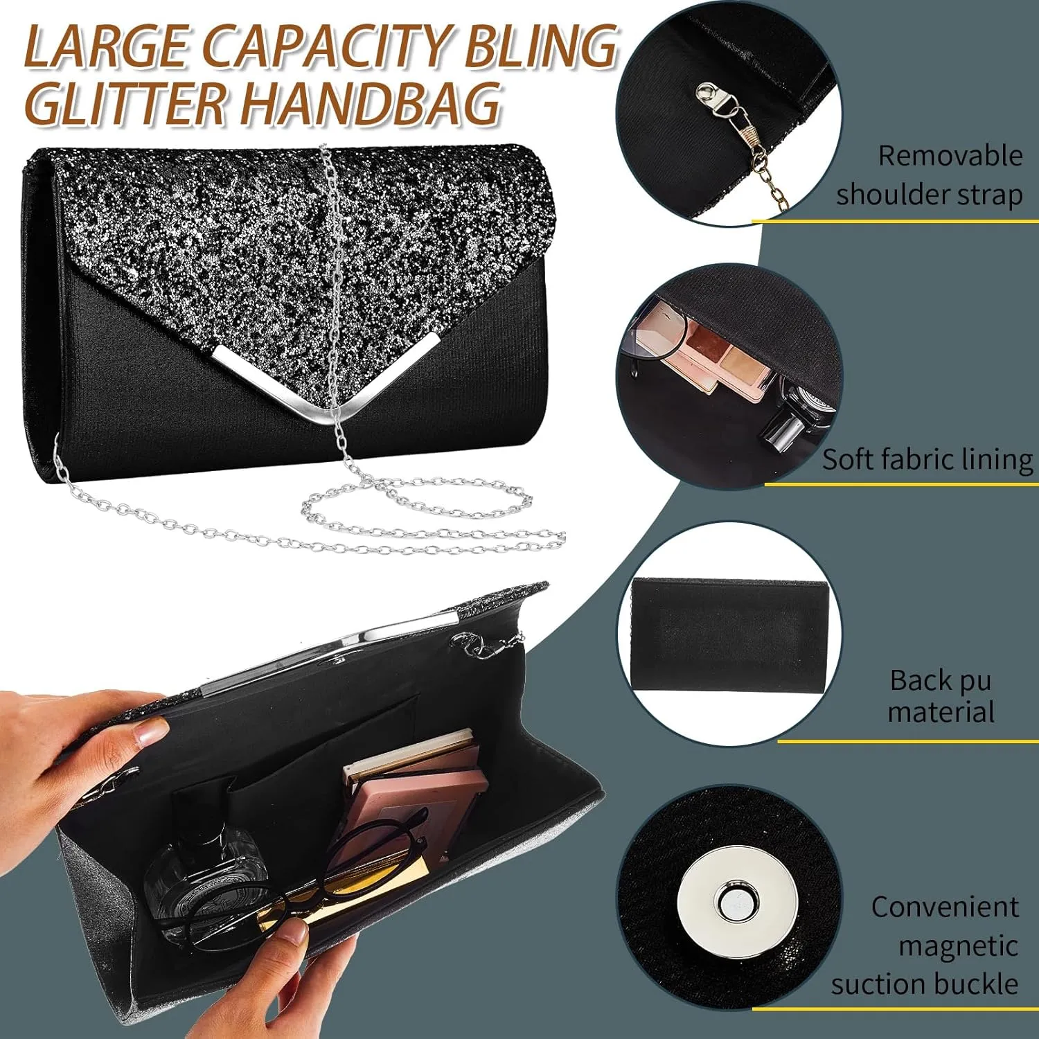 Henoyso 5 Pcs Rhinestone Jewelry Set Prom Jewelry Rhinestone Clutch Purse Necklace Earrings Bracelets for Bride Women Evening Party Wedding